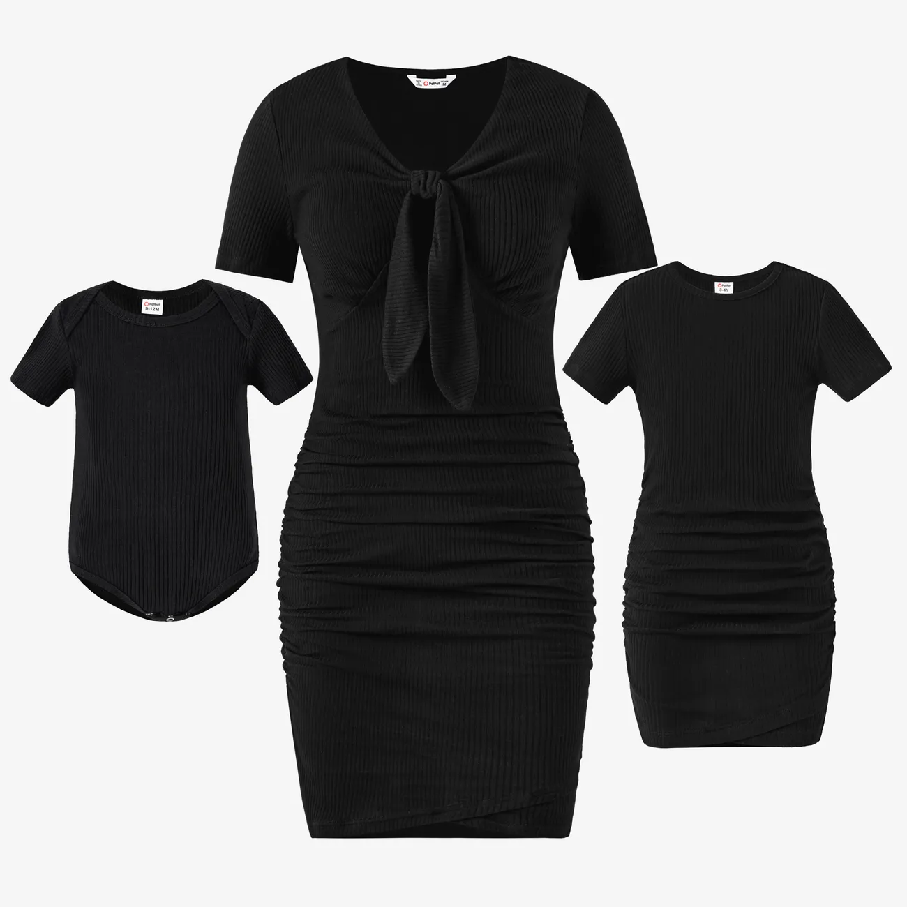 Mommy and Me Short-Sleeve Black Ribbed Tie Neck Ruched Bodycon Dress Black big image 1