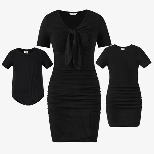 Mommy and Me Short-Sleeve Black Ribbed Tie Neck Ruched Bodycon Dress