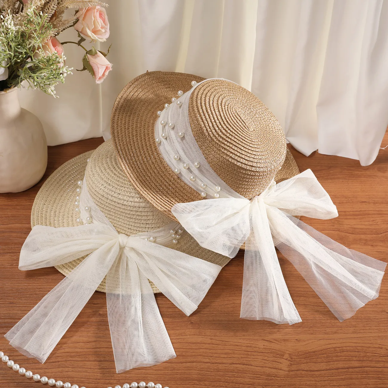 Sombrero de paja de nudo de mariposa de malla de perlas dulce primavera/verano de niña pequeña Caqui big image 1