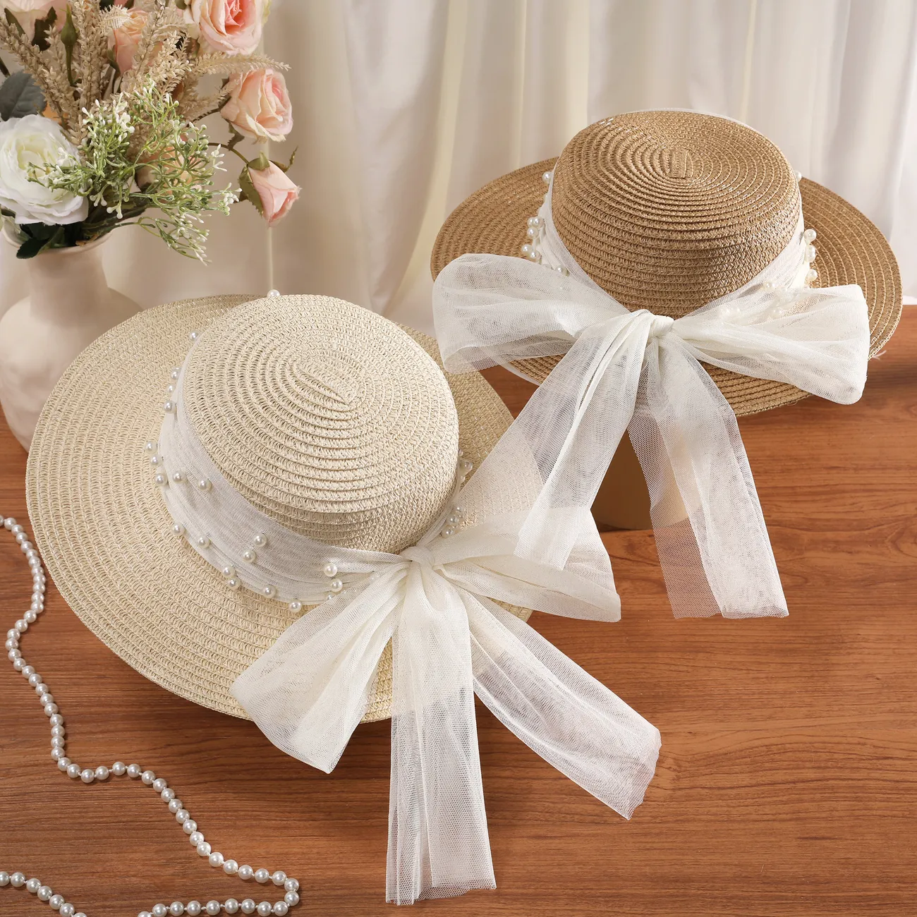 Toddler Girl Sweet Spring/Summer Pearl Mesh Butterfly Knot Straw Hat Khaki big image 1