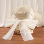 Toddler Girl Sweet Spring/Summer Pearl Mesh Butterfly Knot Straw Hat Beige
