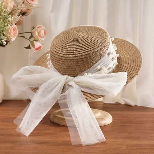 Sombrero de paja de nudo de mariposa de malla de perlas dulce primavera/verano de niña pequeña