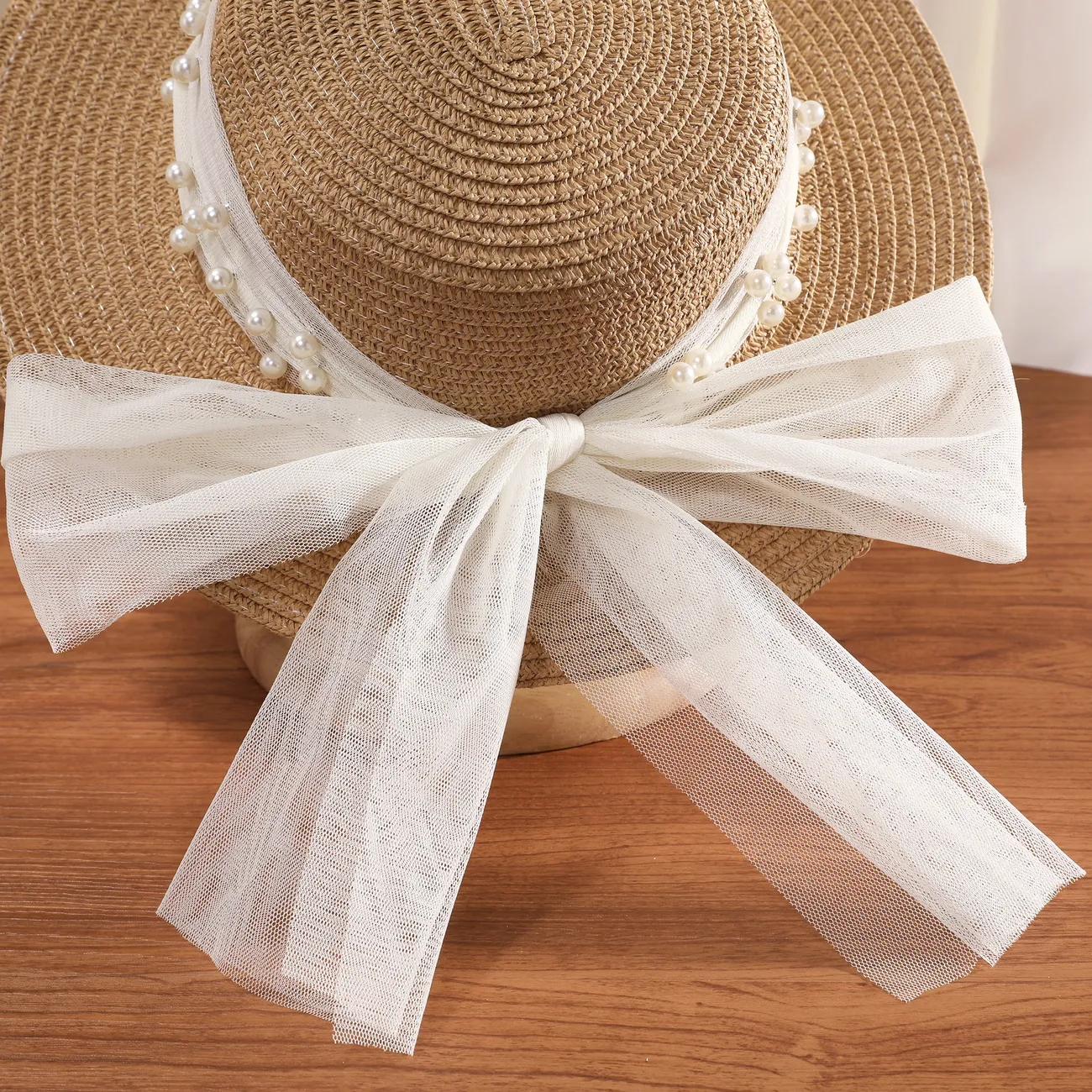 Sombrero de paja de nudo de mariposa de malla de perlas dulce primavera/verano de niña pequeña Caqui big image 1