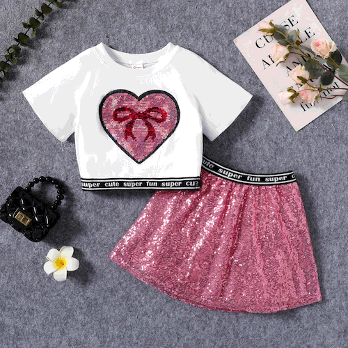 Toddler/Kid Girl 2pcs Heart Sequin Embroidery Crop Tee and Ribbon Skirt Set