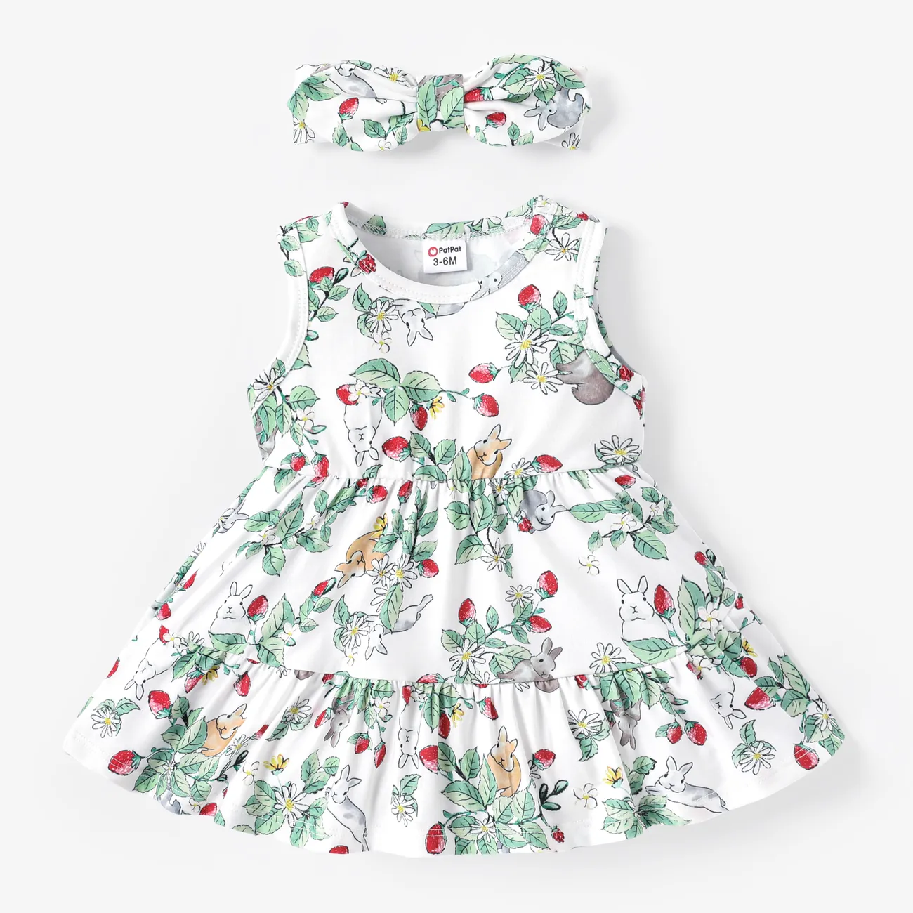 Baby Girl Rabbit＆Floral Print Ruffled Dress with Headband Multicolour-1 big image 1