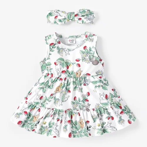Baby Girl Rabbit＆Floral Print Ruffled Dress with Headband