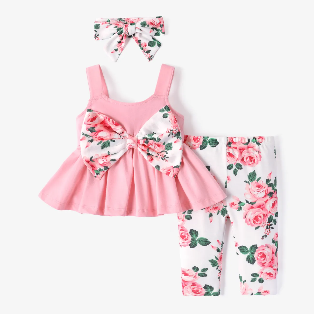 Baby Girl 3pcs Bowknot Cami Top and Floral Pattern Leggings with Headband Set Pink big image 1