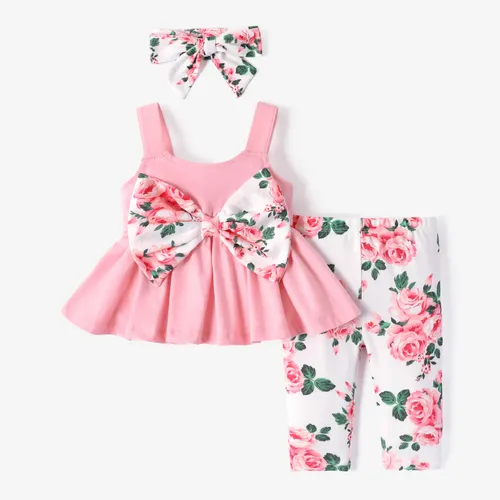 Baby Girl 3pcs Bowknot Cami Top and Floral Pattern Leggings with Headband Set