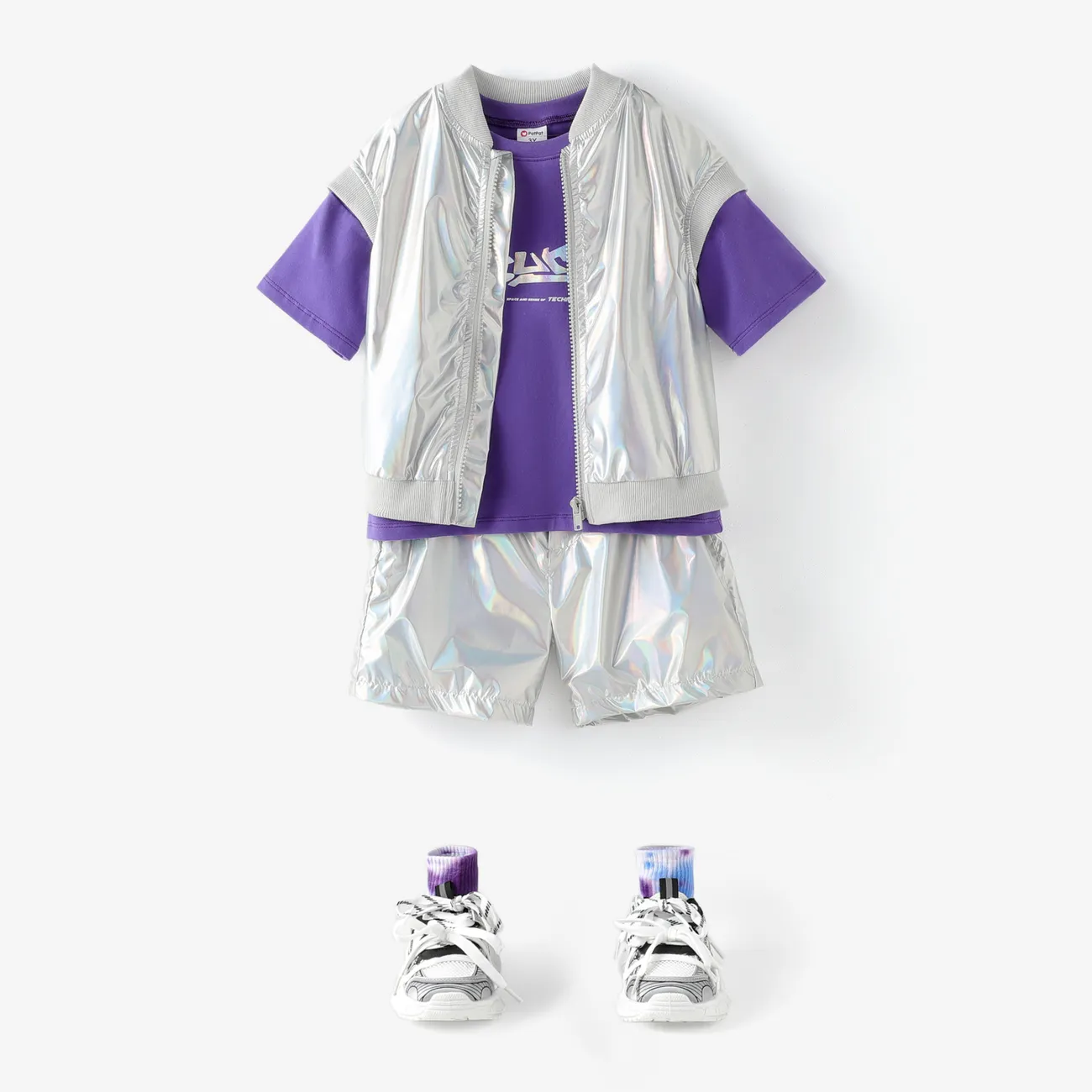 Toddler Boy/Girl 3pcs Laser Fabric Vest and Letter Print Tee and Shorts Set Purple big image 1