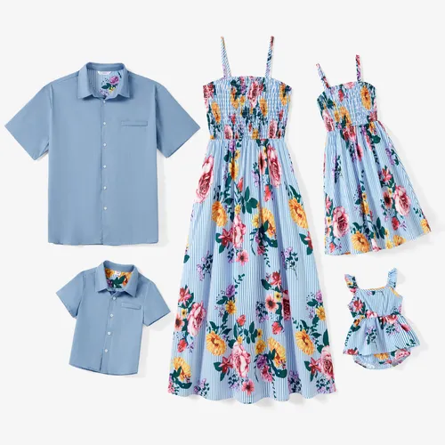 Conjuntos familiares a juego Camisa de manga corta azul denim y vestido de tirantes fruncidos con estampado floral 