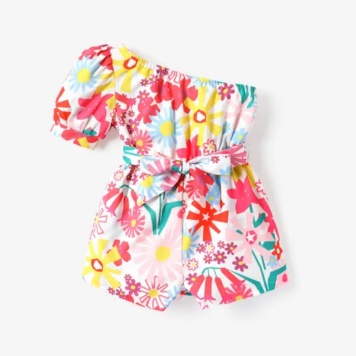Kleinkind-Mädchen-Jumpsuit mit Blumendruck und Schulterärmeln und Gürtel