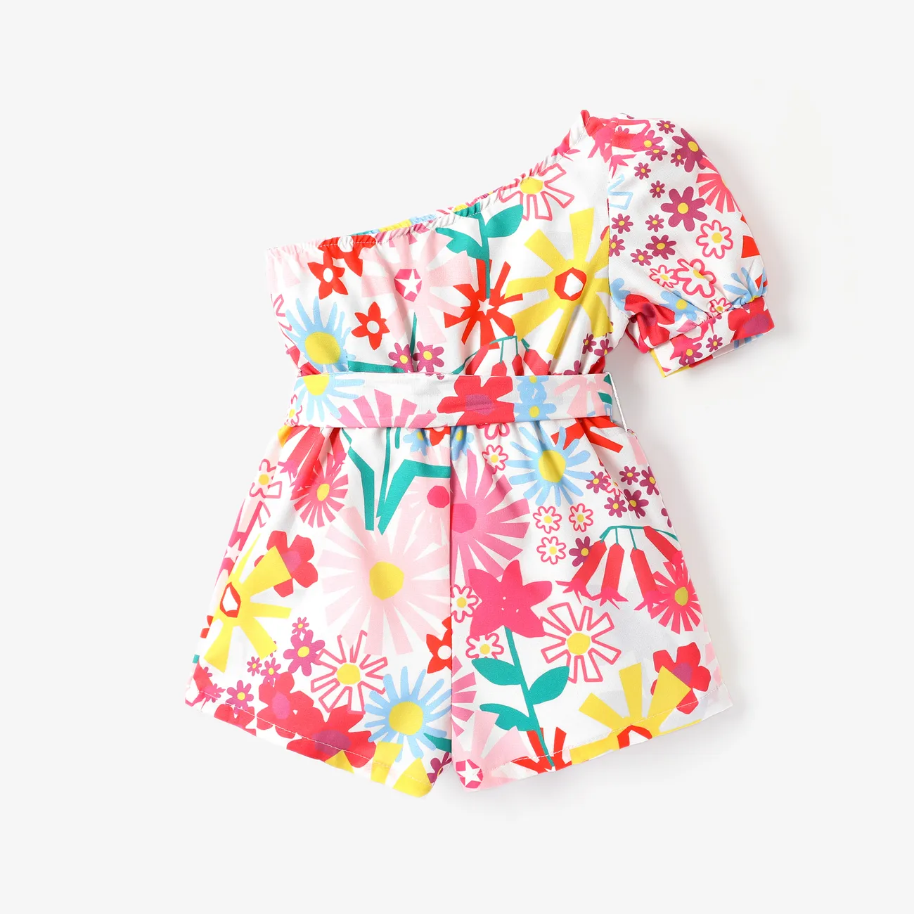 Toddler Girl Floral Print One Shoulder Sleeve Jumpsuit wiht Belt Multi-color big image 1