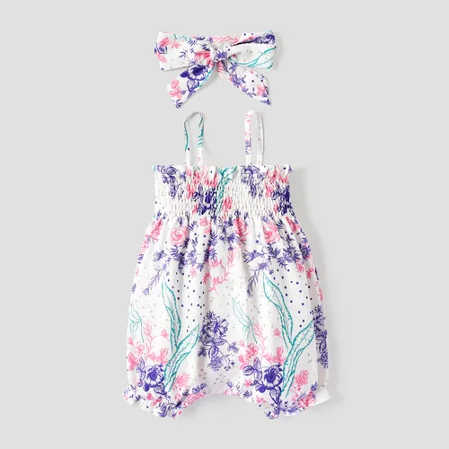 Baby Girl Floral Pattern Smocked Jumpsuit with Headband