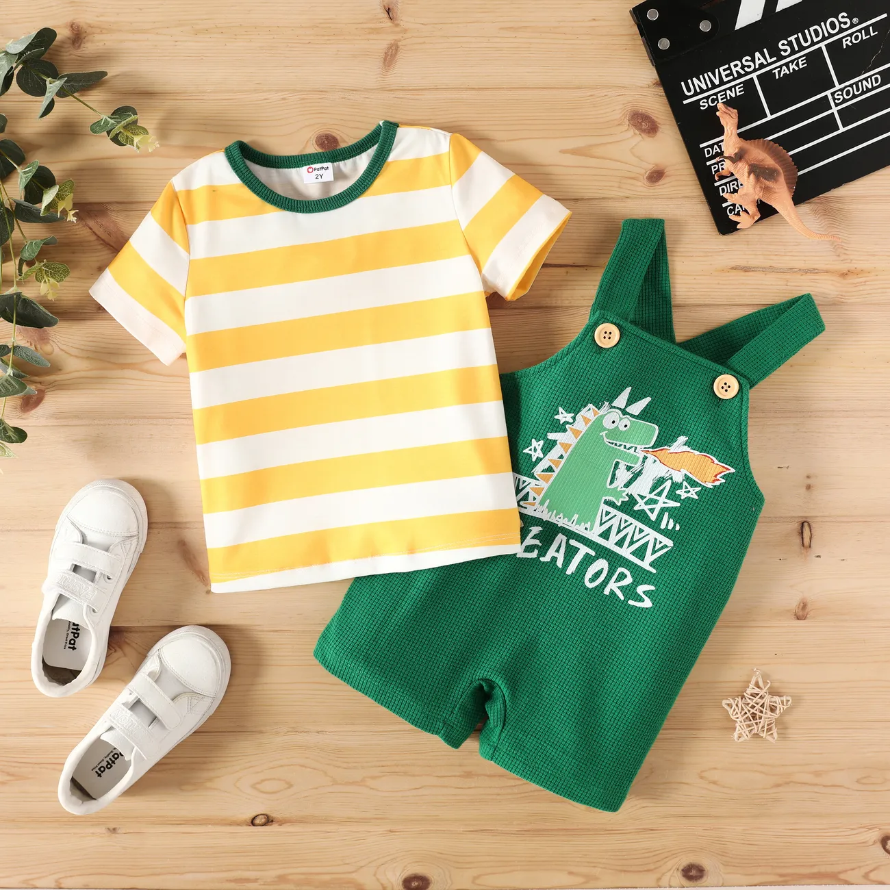 Toddler Boy 2pcs Striped Tee and Dino Print Overalls Shorts Set Color block big image 1