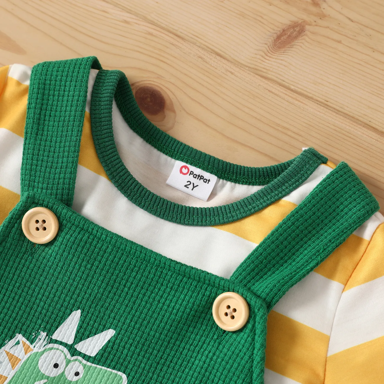Toddler Boy 2pcs Striped Tee and Dino Print Overalls Shorts Set Color block big image 1