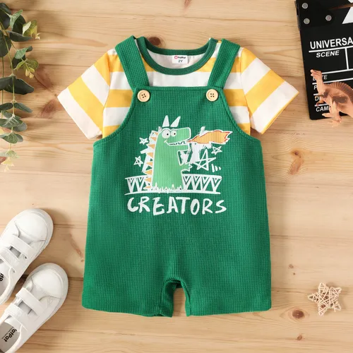 Toddler Boy 2pcs Striped Tee and Dino Print Overalls Shorts Set