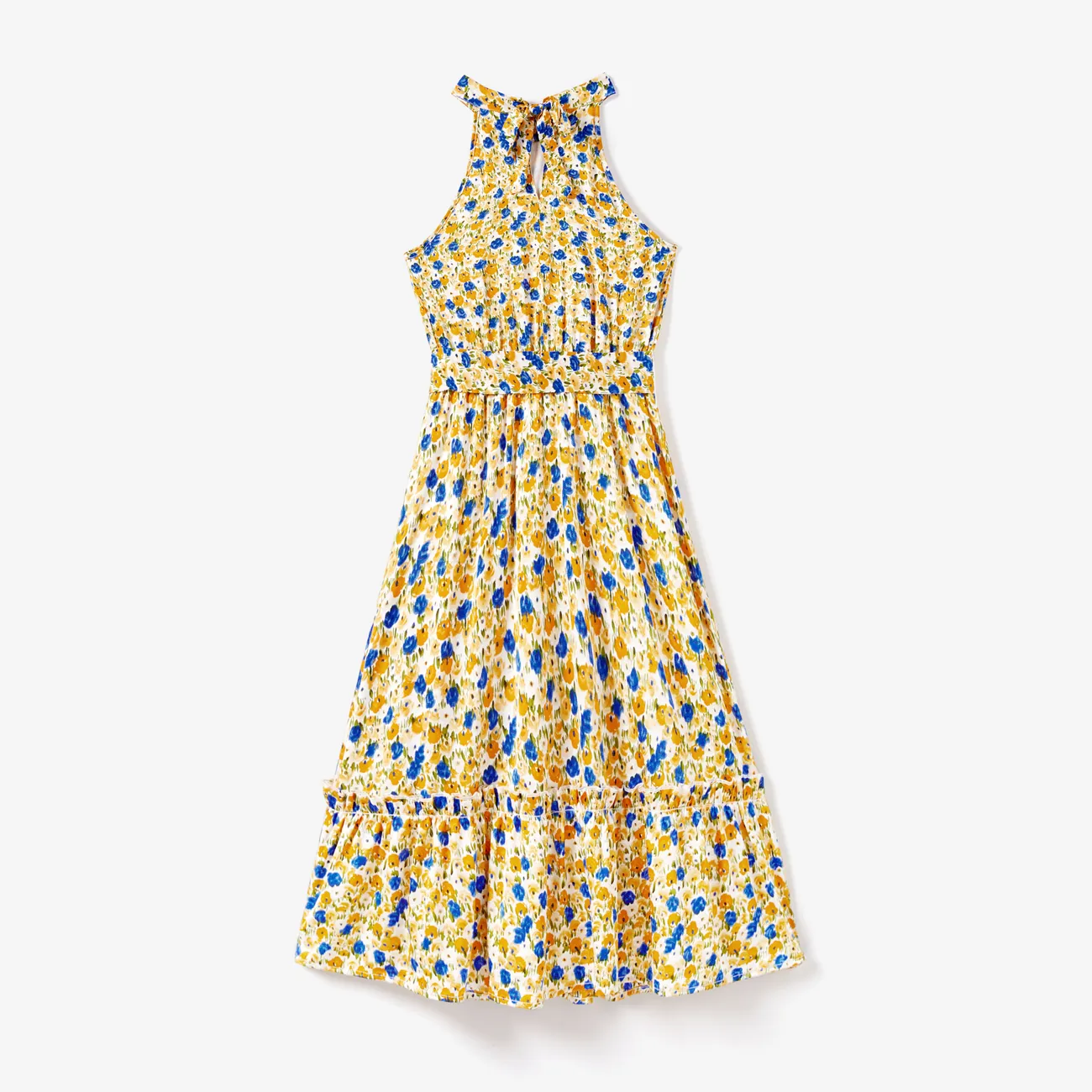 Family Matching Color Block Sunny Tee and Yellow Ditsy Floral High Neck Halter Sateen Dress Sets Yellow big image 1