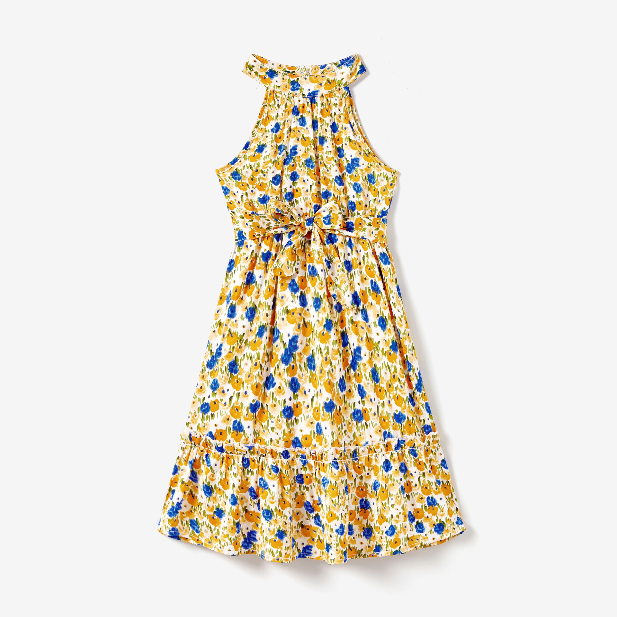 

Family Matching Color Block Sunny Tee and Yellow Ditsy Floral High Neck Halter Sateen Dress Sets