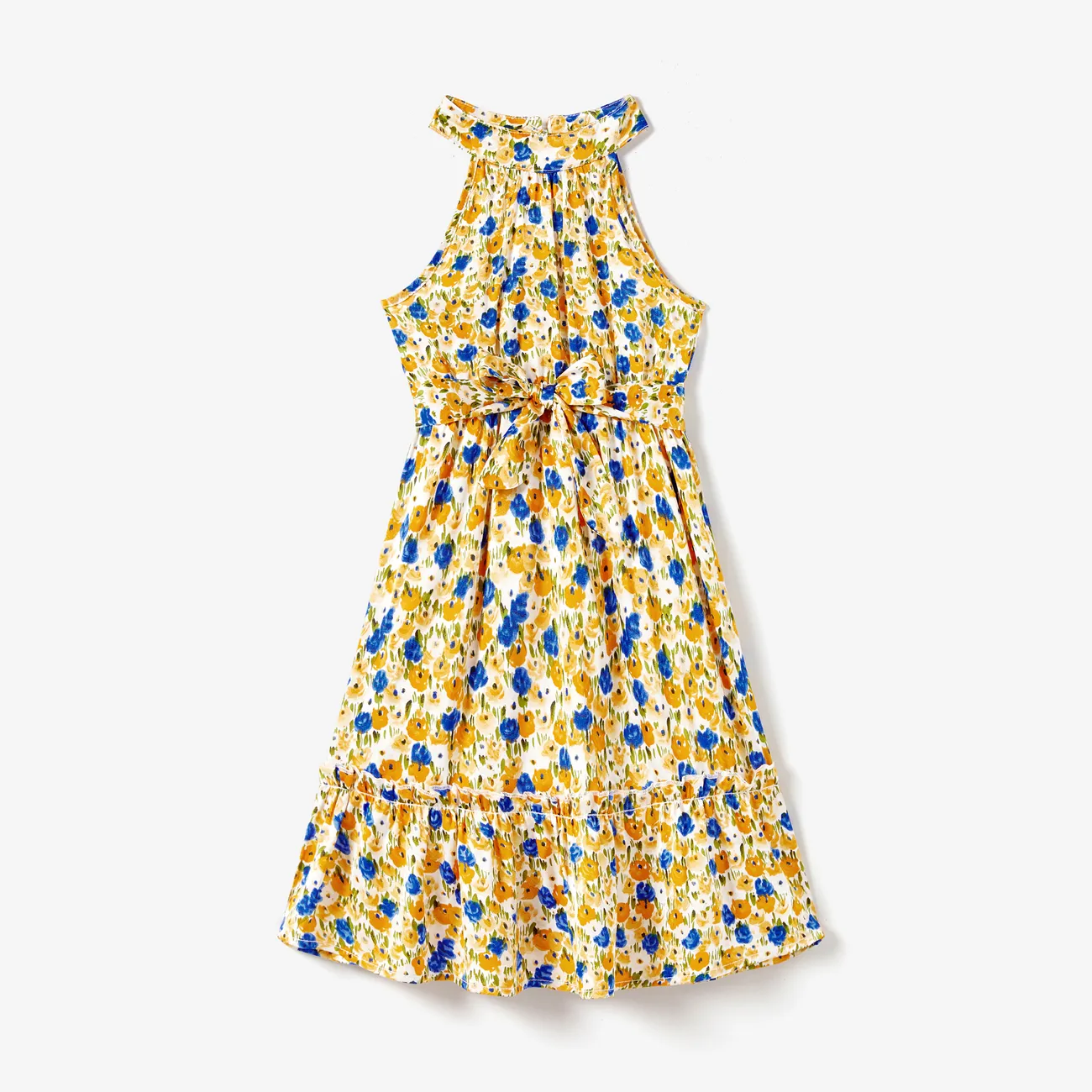 Family Matching Color Block Sunny Tee and Yellow Ditsy Floral High Neck Halter Sateen Dress Sets Yellow big image 1