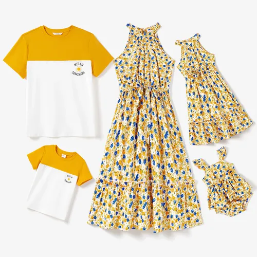 Family Matching Color Block Sunny Tee and Yellow Ditsy Floral High Neck Halter Sateen Dress Sets