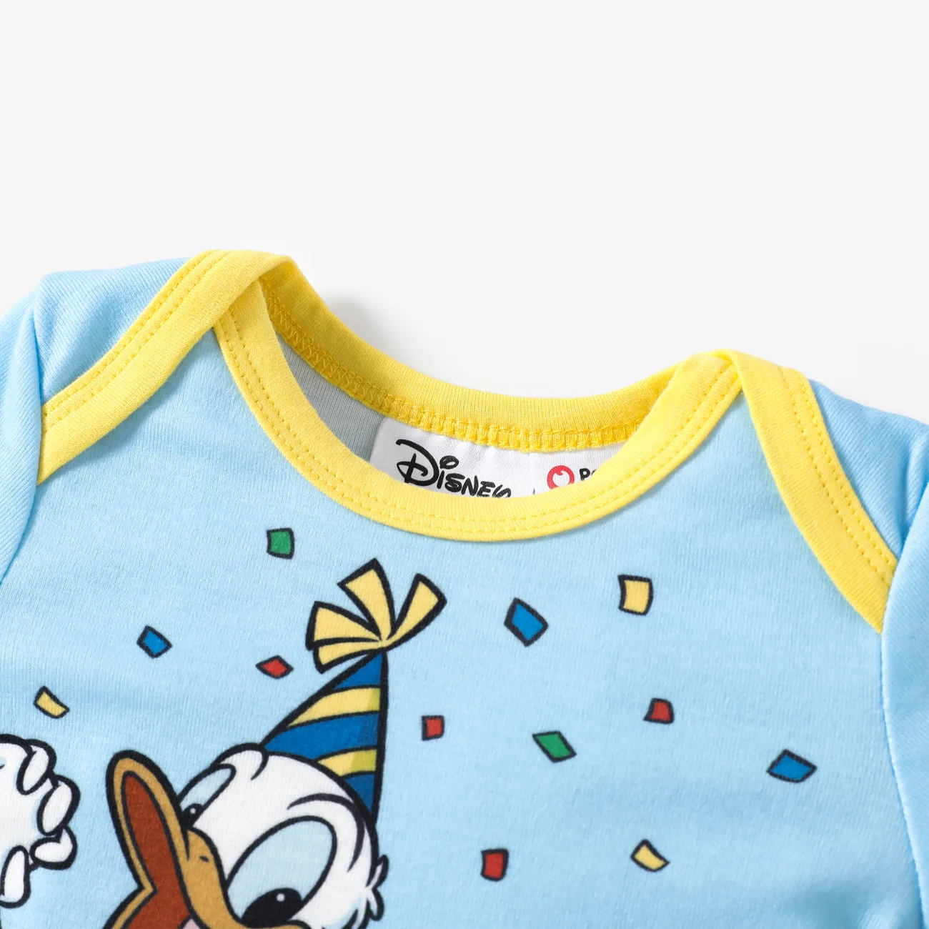 Disney Mickey and Friends Baby Boys/Girls Donald Duck 1pc Naia™ 90's Birthday Cake Print Romper Blue big image 1
