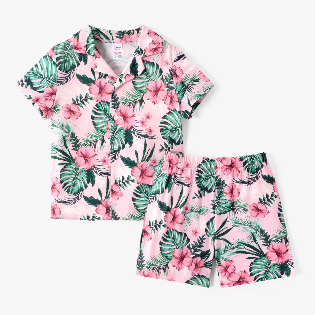 Kid Boy 2pcs Tropical Plants Print Pajama Shirt and Shorts Set Pink big image 1