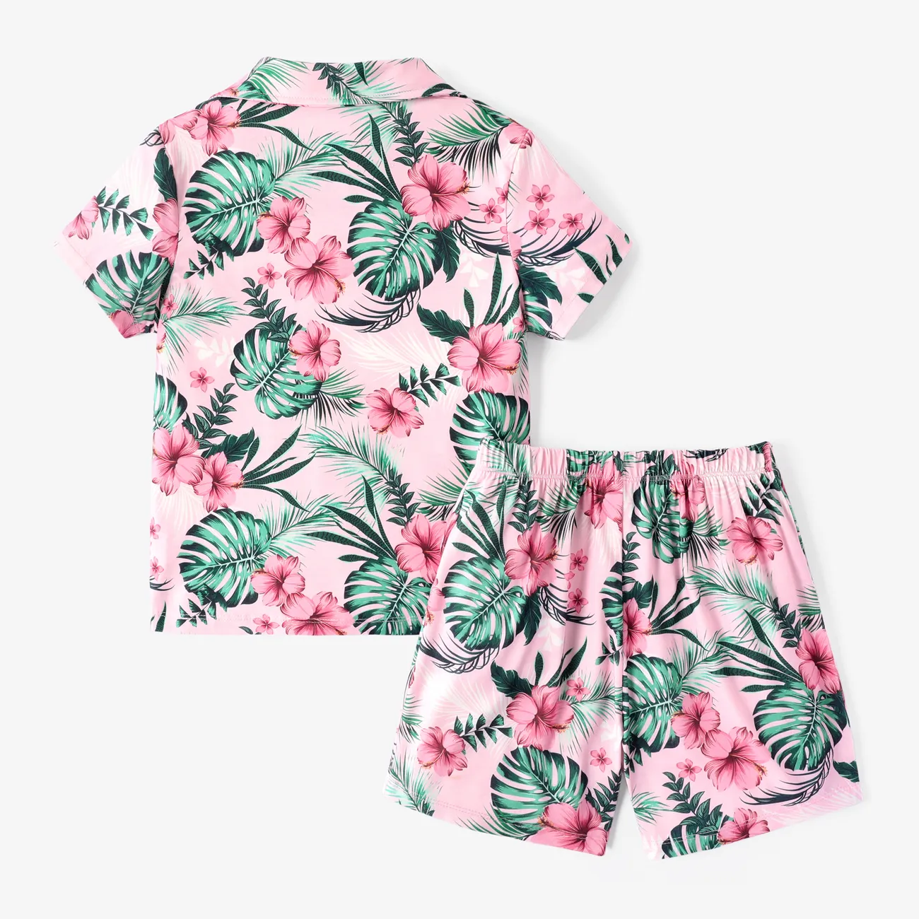 Kid Boy 2 件熱帶植物印花睡衣襯衫和短褲套裝 粉色 big image 1