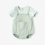 Baby Boy/Girl 2pcs Striped Tee and Solid Overalls Set Mint Green