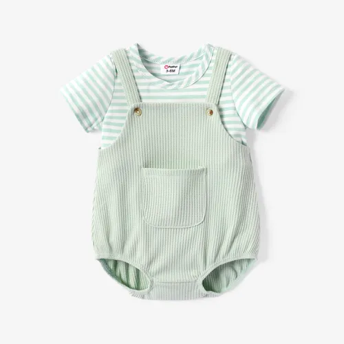 男嬰/女嬰 2 件條紋 T 恤和純色工作服套裝