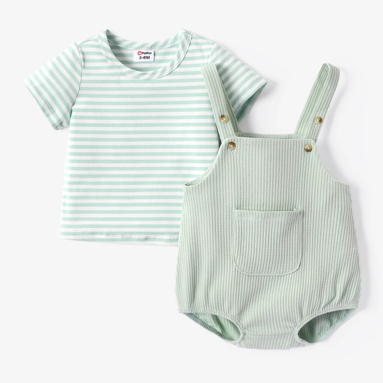 Baby Boy/Girl 2pcs Striped Tee and Solid Overalls Set Mint Green big image 1