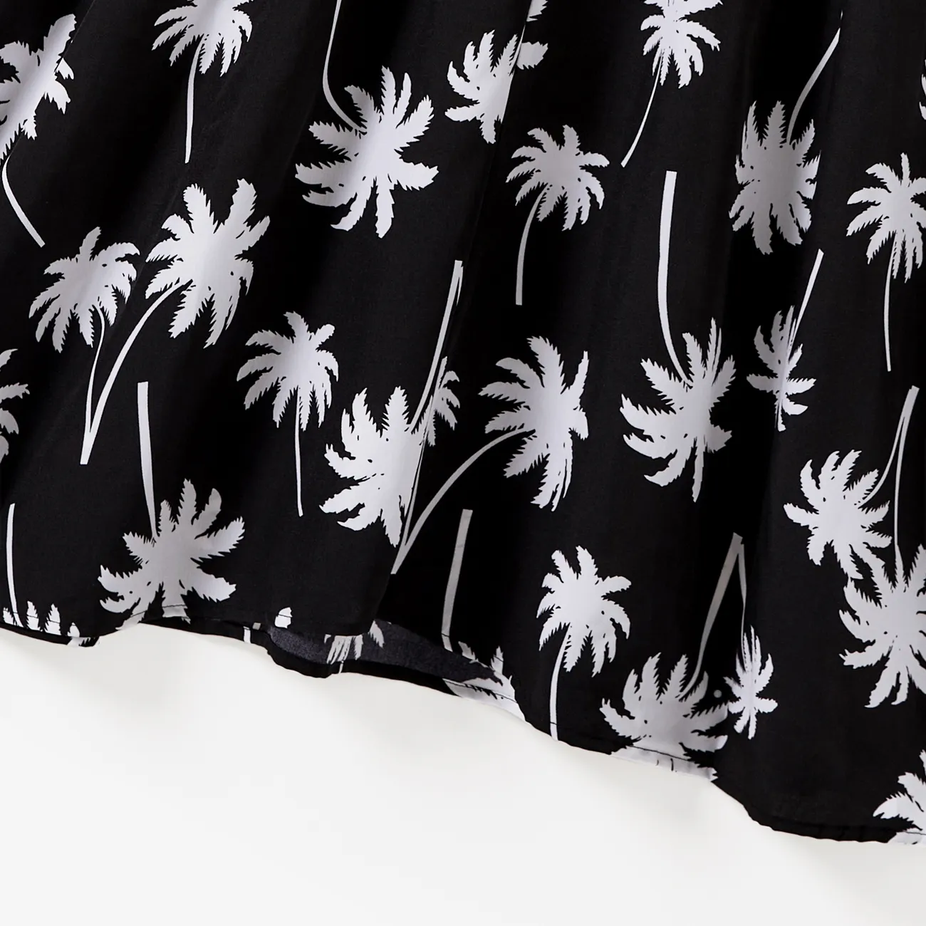 Family Matching Sets Black Coconut Tree Pattern Beach Shirt and Belted Strap Midi Dress  Black big image 1