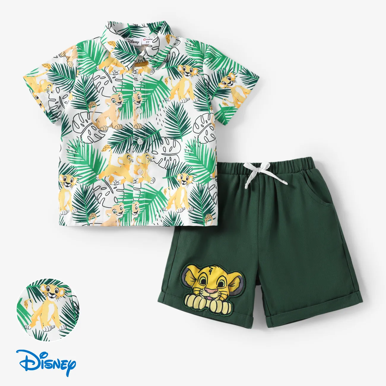 Disney Lion King Toddler Boys Simba 2pcs Tropical Plant Print Cotton Tee with Patch Embroidered Shorts Set CYAN- big image 1