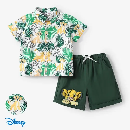 Disney Lion King 幼兒男孩 Simba 2 件套熱帶植物印花棉質 T 恤配貼片刺繡短褲套裝