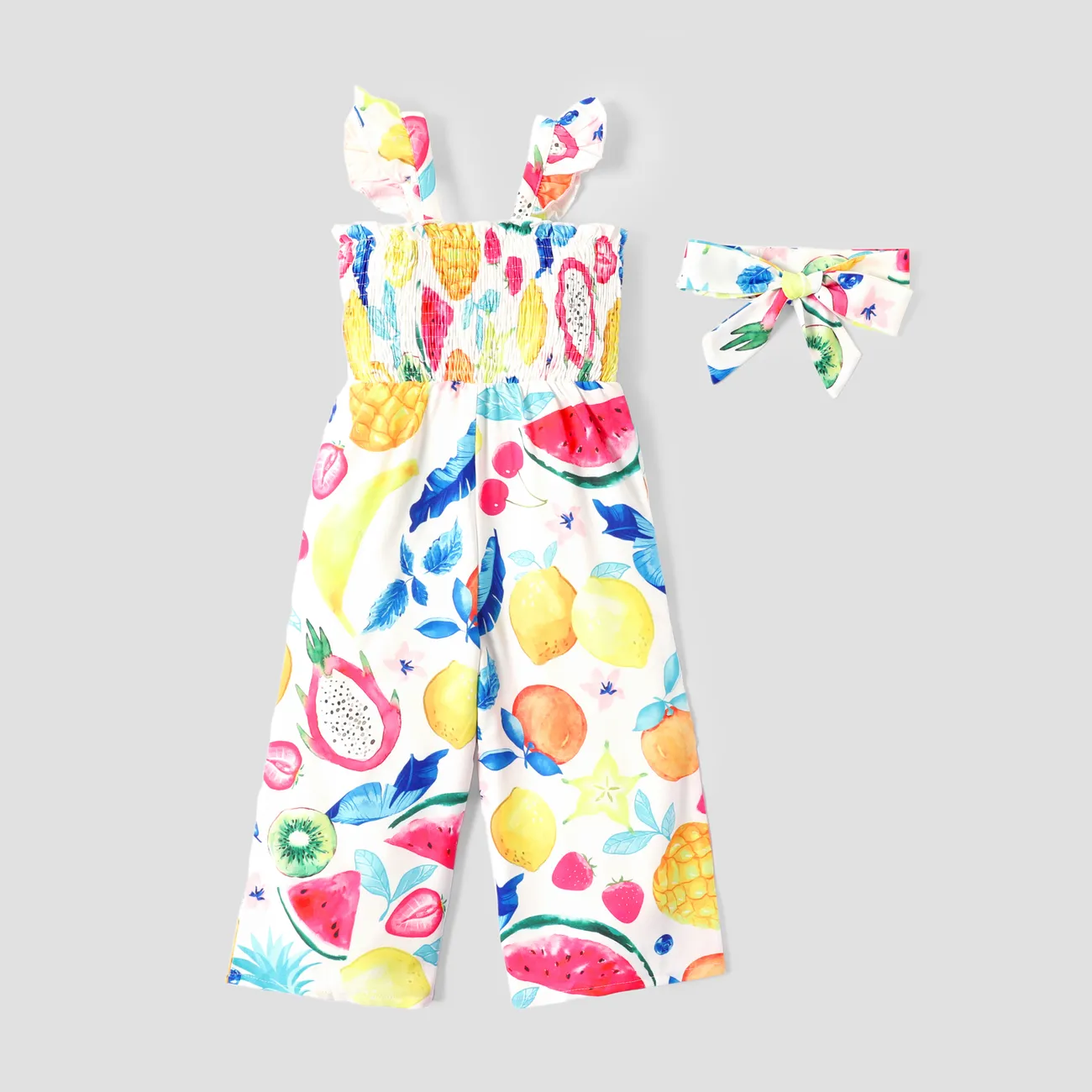 Toddler Girl Fruit Pattern Flutter-sleeve Smocked Jumpsuit with Headband Multi-color big image 1