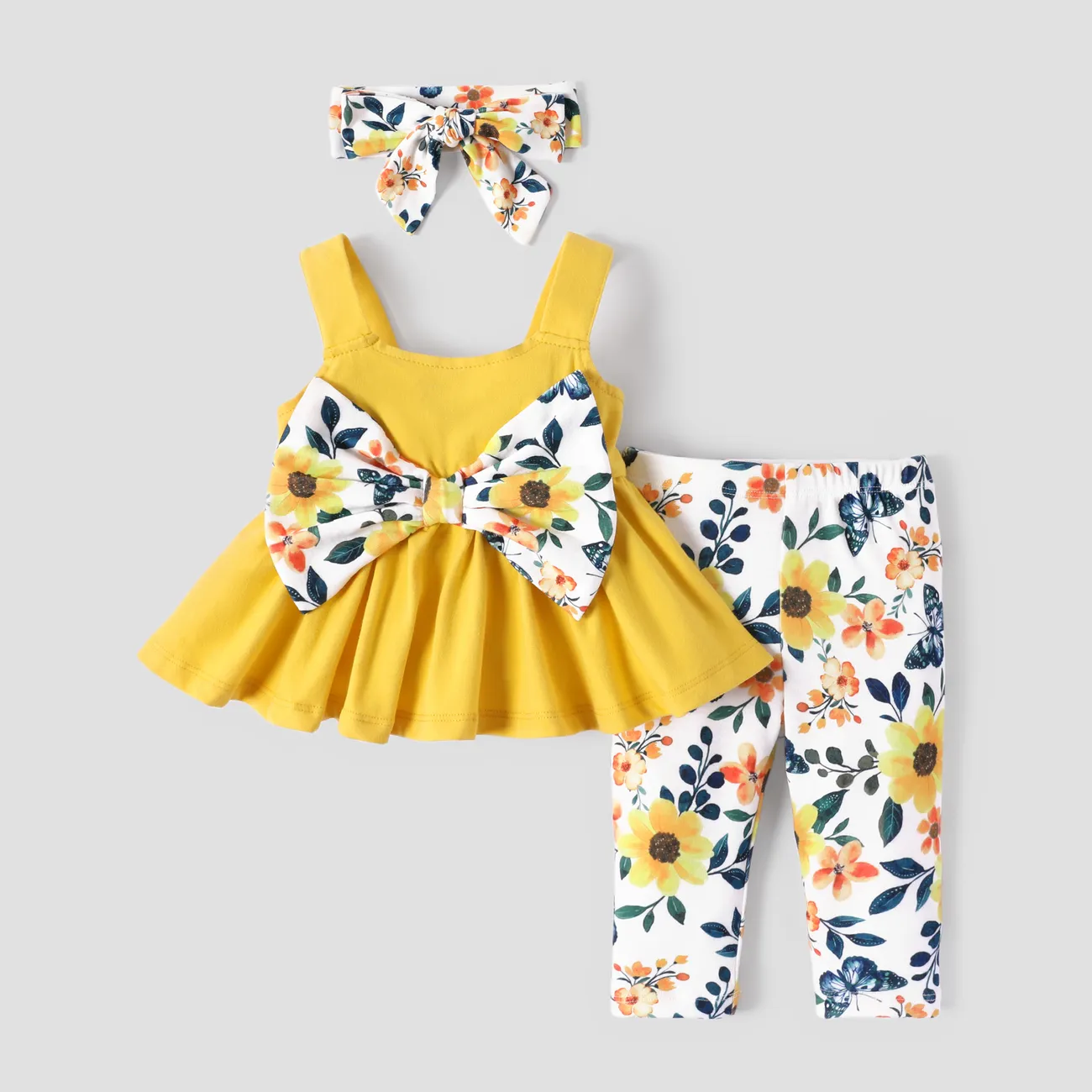Baby Girl 3pcs Bowknot Cami Top and Floral Pattern Leggings with Headband Set Yellow big image 1