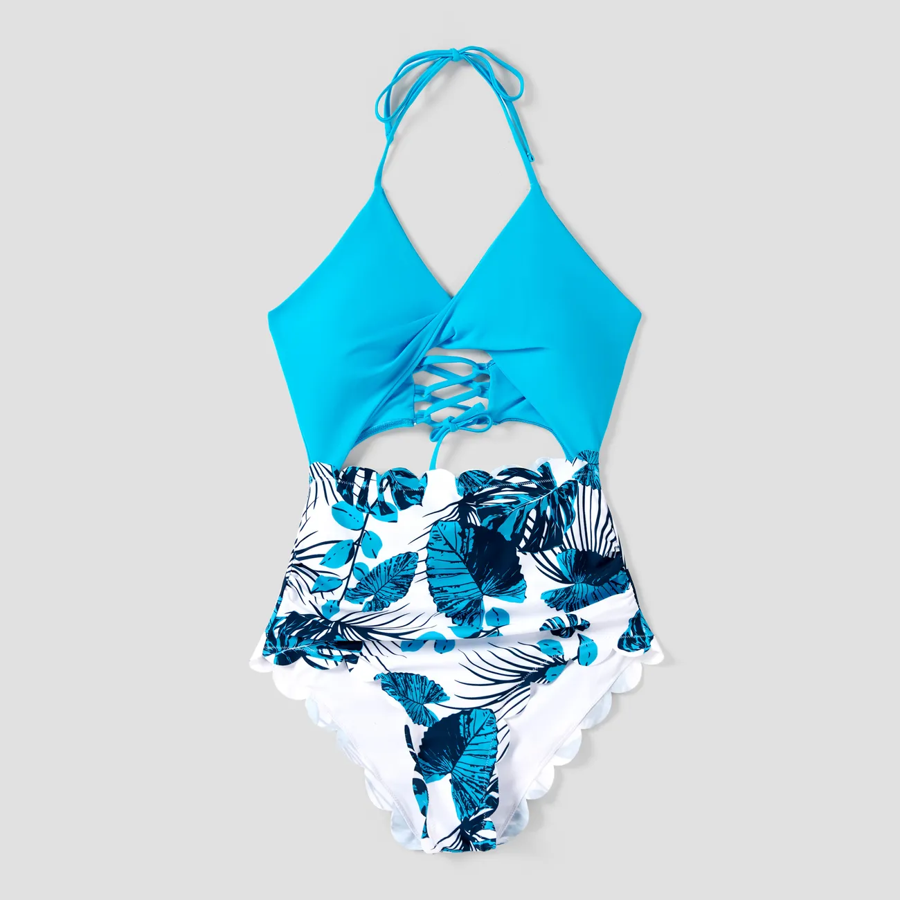 Family Matching Blue Floral Drawstring Swim Trunks or Cut Out Lace UP Back One-Piece Swimsuit with Optional Cover Up