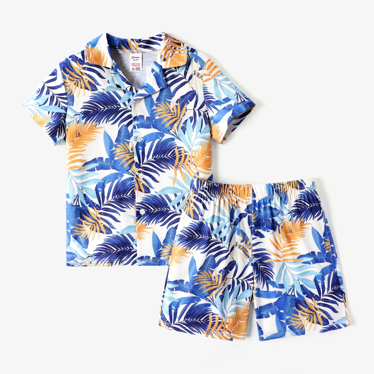 Kid Boy 2pcs Tropical Plants Print Pajama Shirt and Shorts Set Blue big image 1