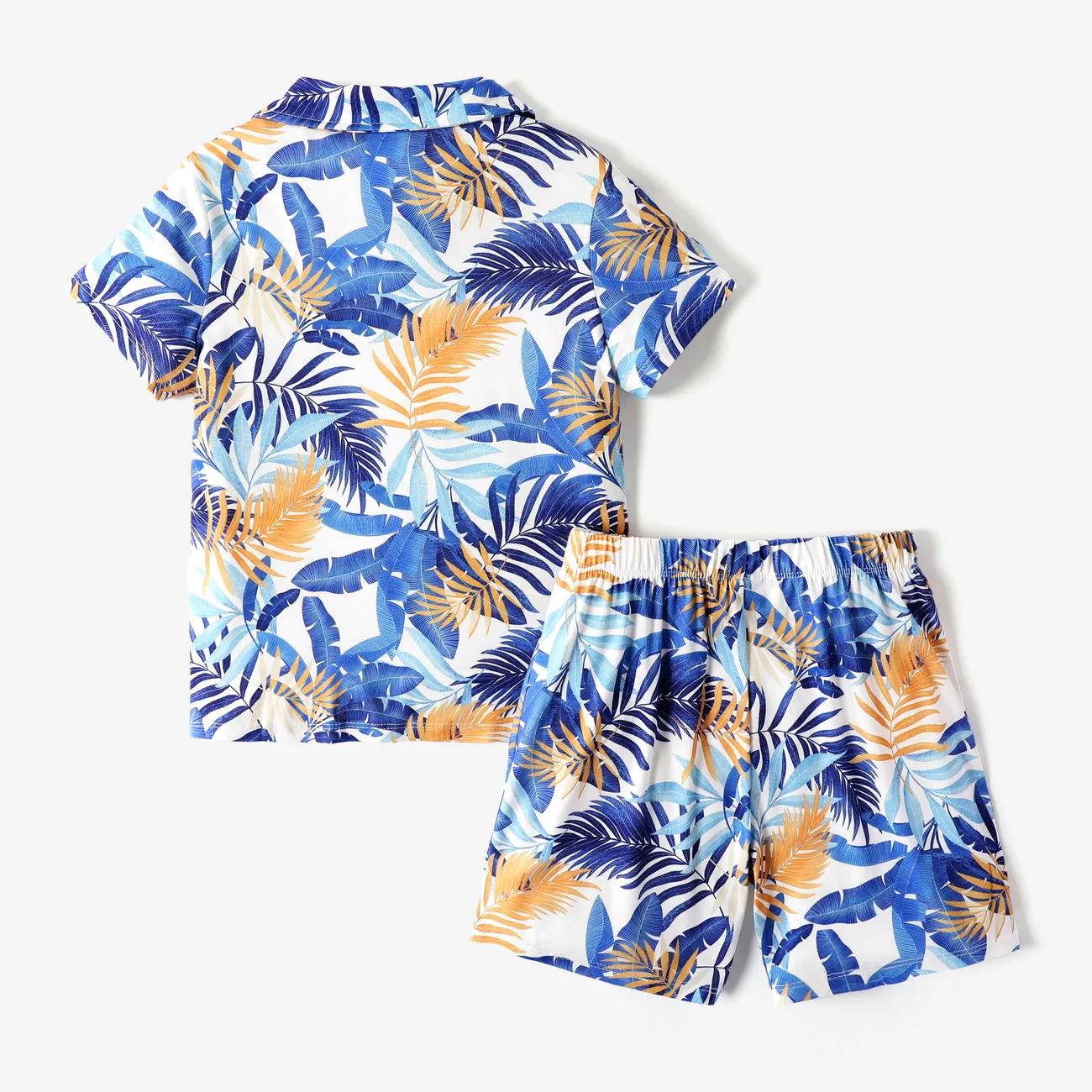 Kid Boy 2pcs Conjunto de pijama y pantalones cortos con estampado de plantas tropicales Azul big image 1