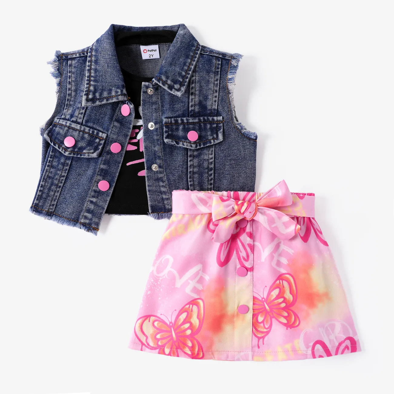 Toddler Girl 3pcs Denim Vest and Halter Design Camisole and Skirt Set Pink big image 1