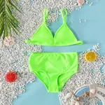 Girl's 2pcs Solid Color Swimsuit with Hanging Strap, Tight Fit, Polyester-Spandex Material Green