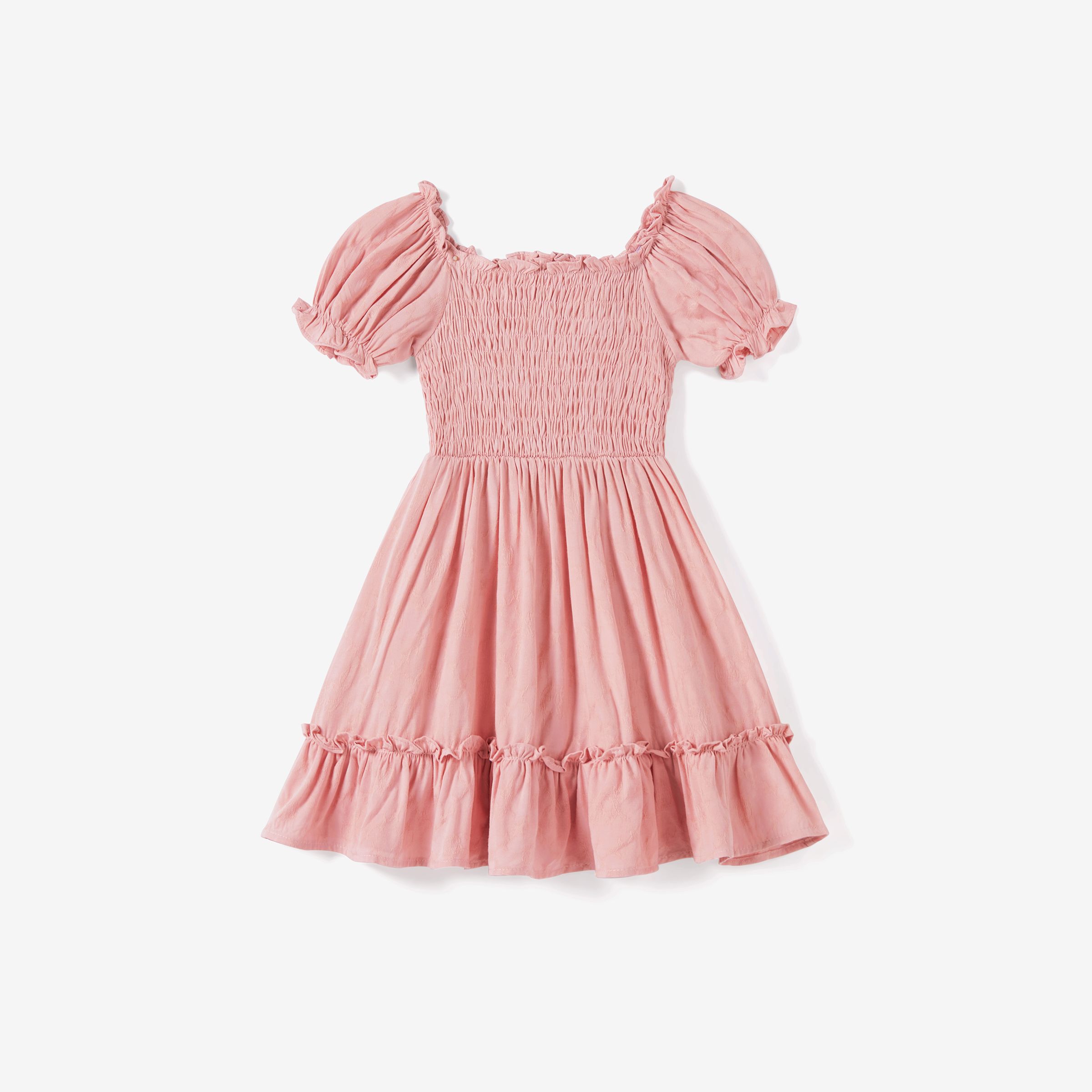 Family Matching Color Block Polo Shirt and Pink Shirred Top Bubble Sleeves Dress Sets