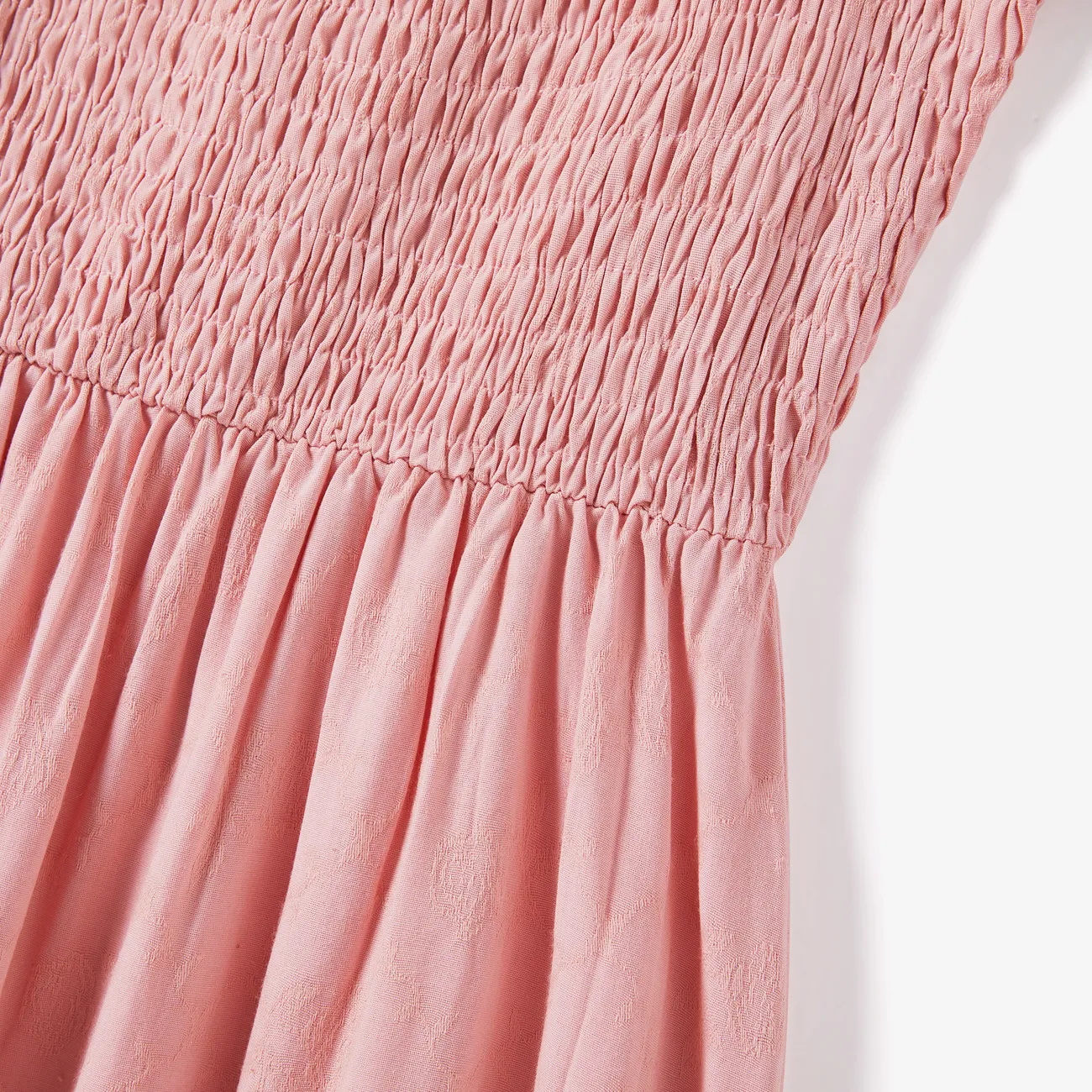 Family Matching Color Block Polo Shirt and Pink Shirred Top Bubble Sleeves Dress Sets Pink big image 1