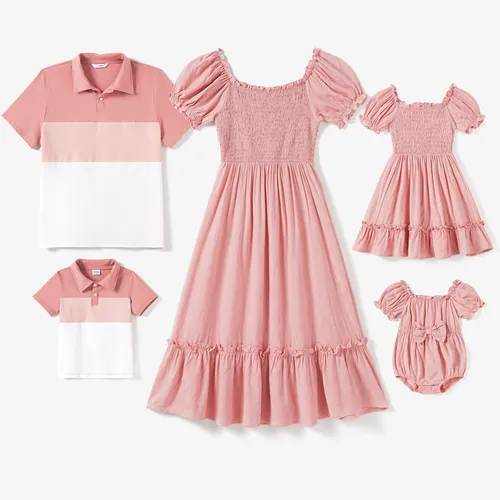 Polo Color Block di corrispondenza per la famiglia e set di abiti con maniche a bolla rosa arricciati