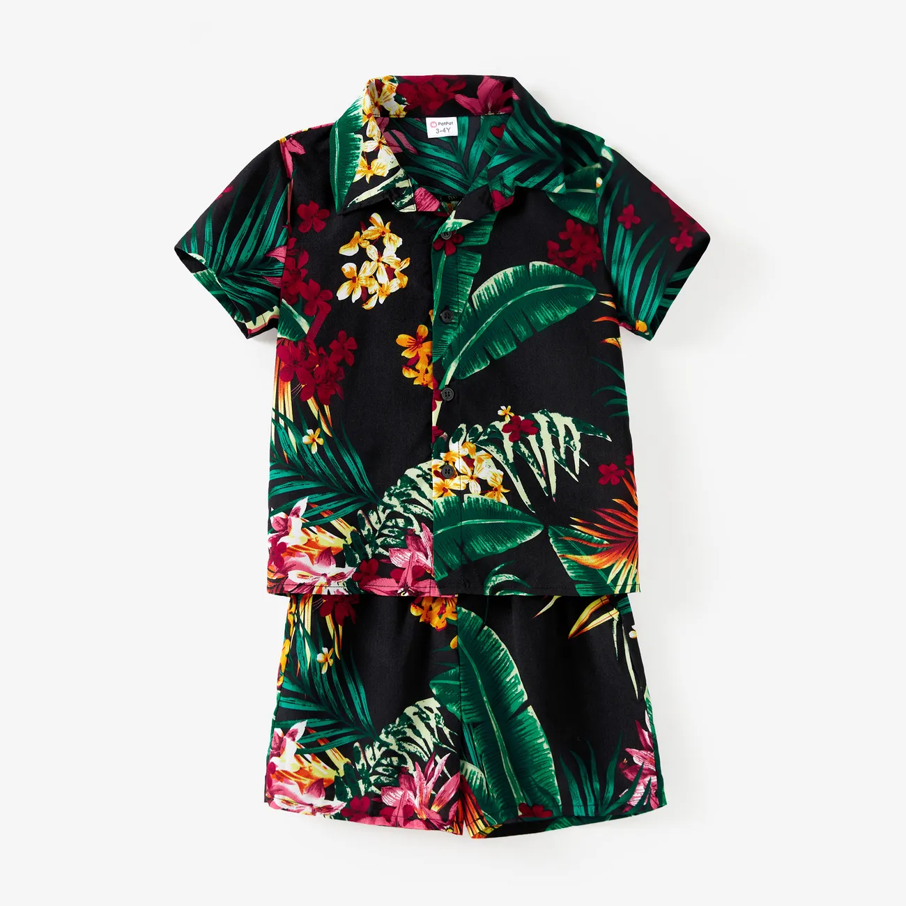 Family Matching Sets Tropical Plant Floral Shirt and Drawstring Shorts with Pockets  Black big image 1