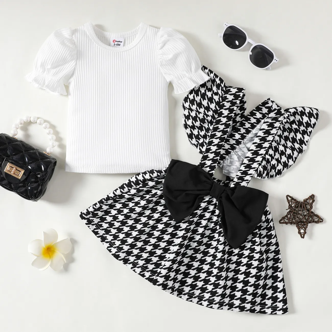 Baby Girl 2pcs Puff Sleeve Tee and Plaid Print Bowknot Overalls Dress Set White big image 1