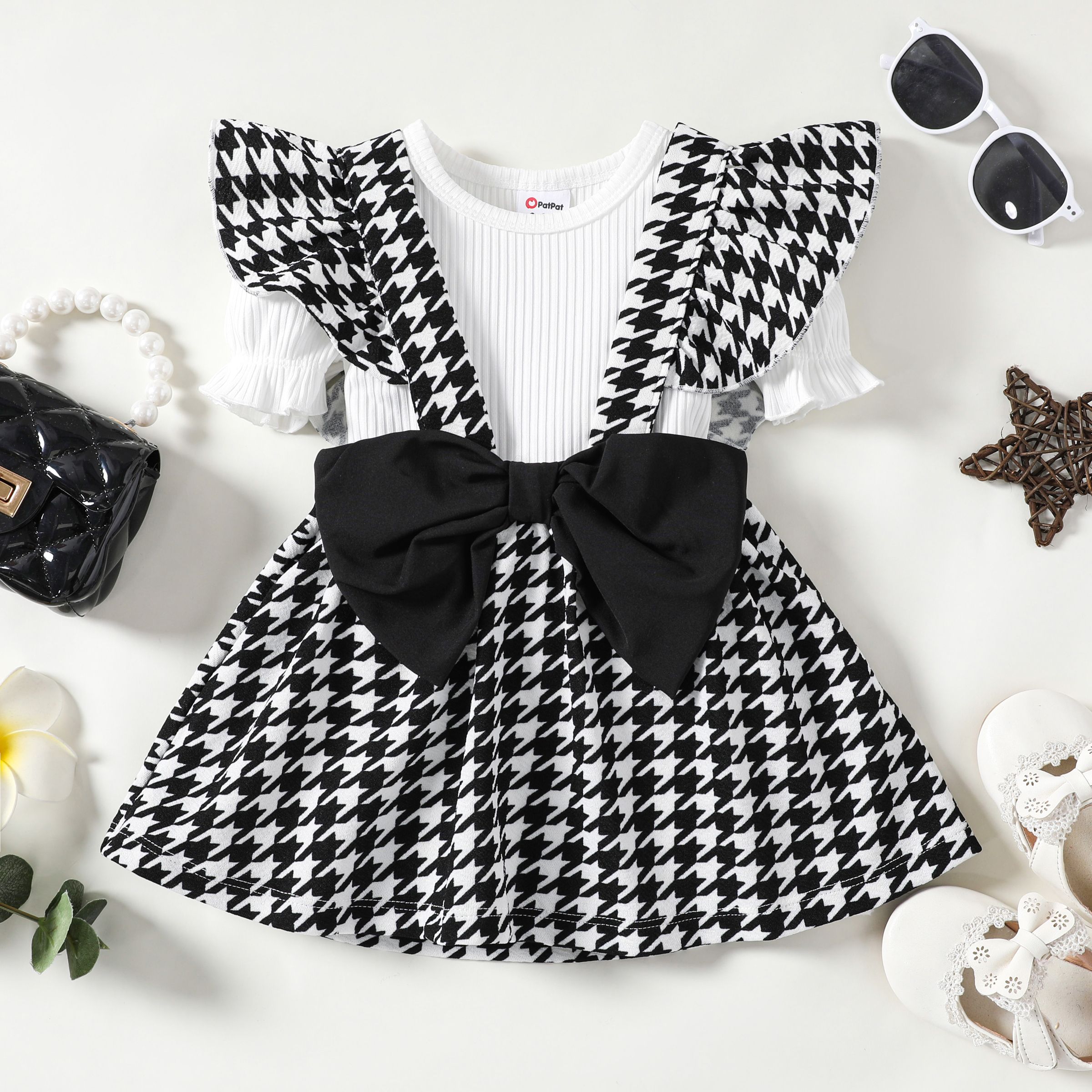 Baby Girl 2pcs Puff Sleeve Tee and Plaid Print Bowknot Overalls Dress Set