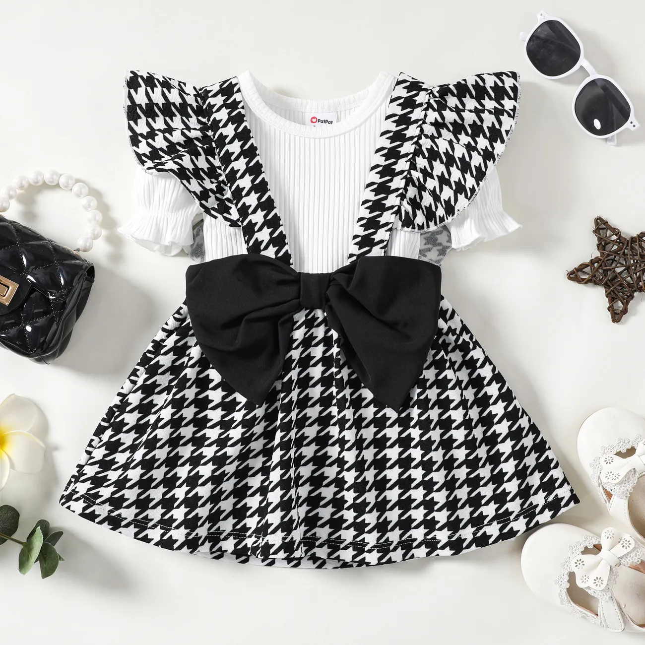Baby Girl 2pcs Puff Sleeve Tee and Plaid Print Bowknot Overalls Dress Set White big image 1
