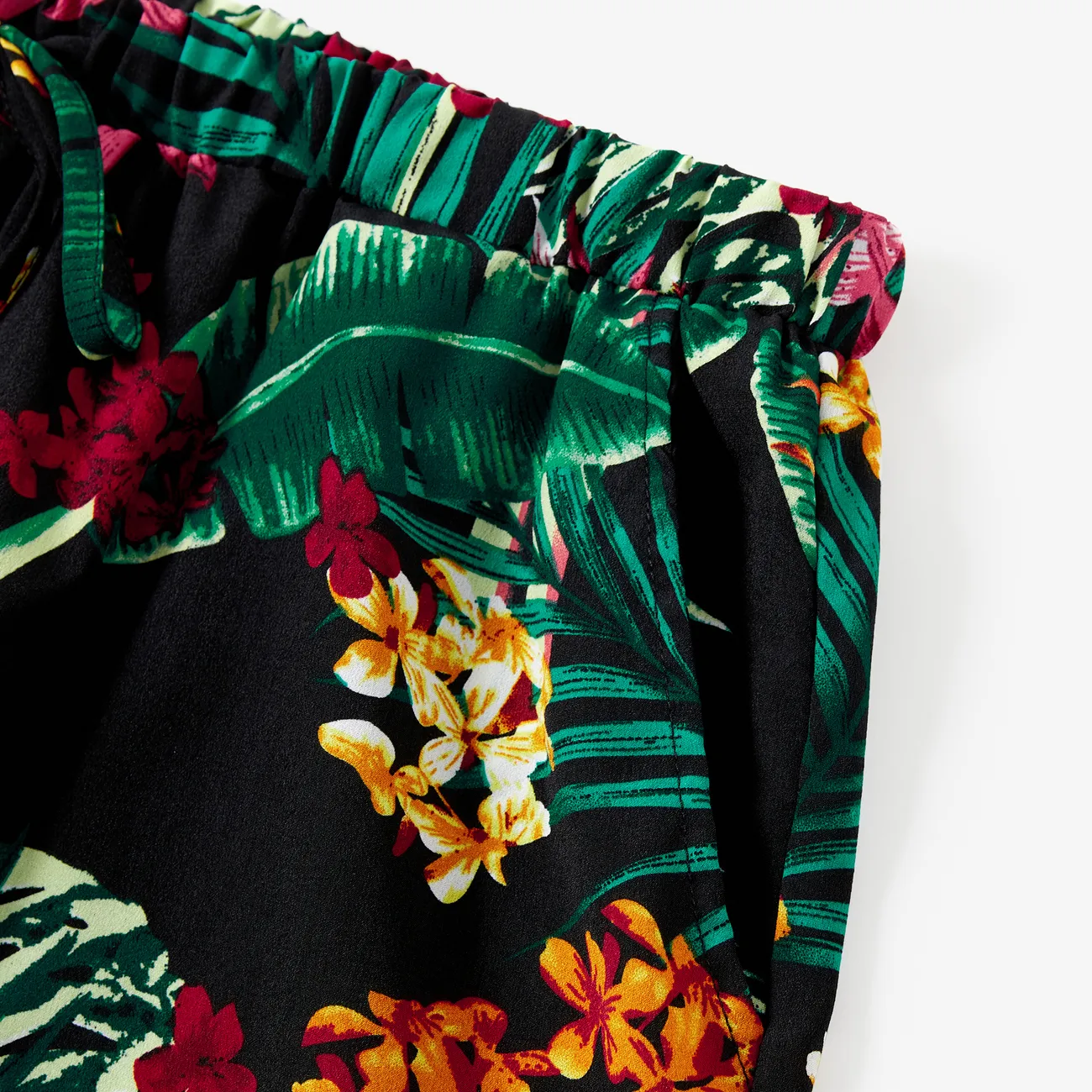 Family Matching Sets Tropical Plant Floral Shirt and Drawstring Shorts with Pockets  Black big image 1