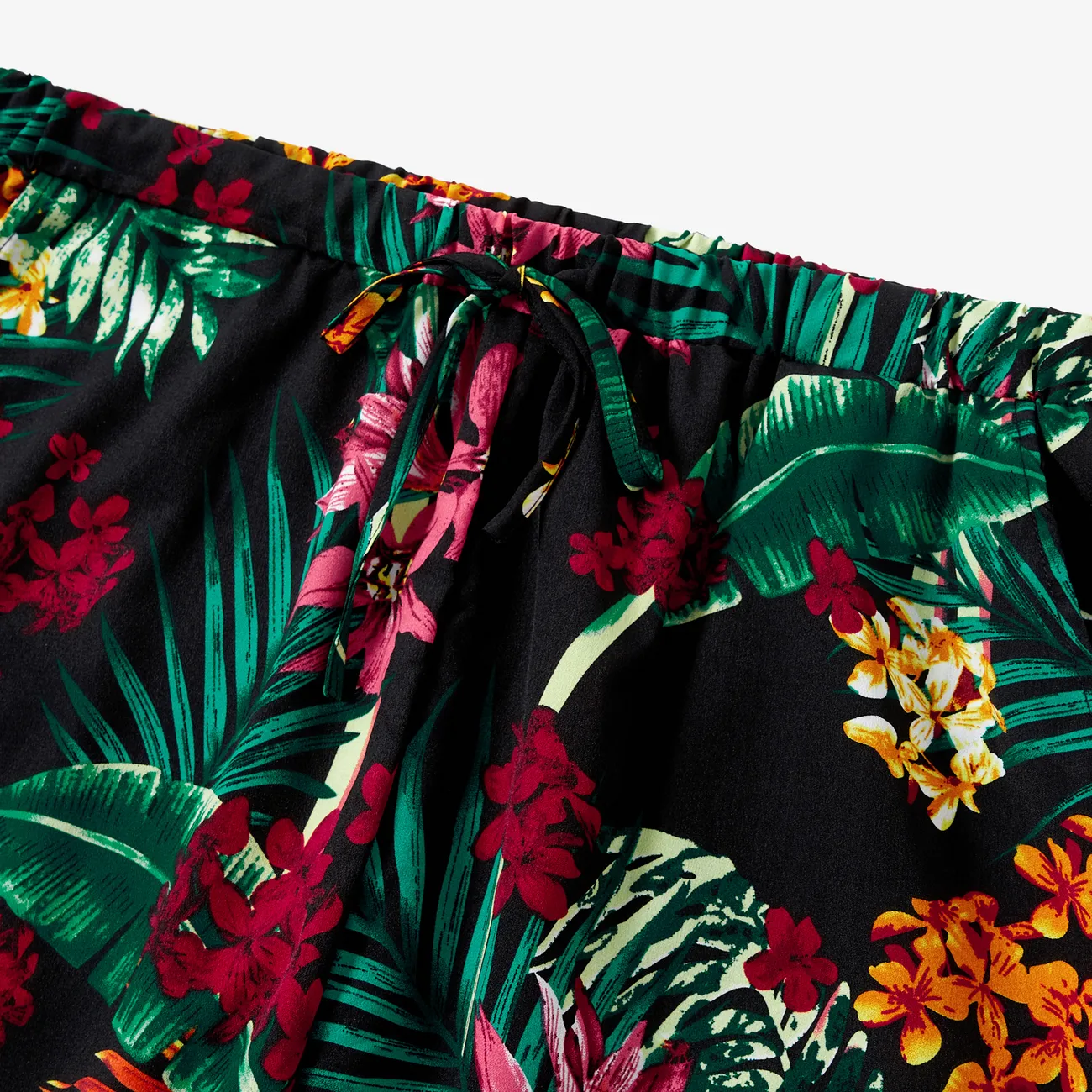 Family Matching Co-ord Sets Tropical Plant Floral Shirt and Drawstring Shorts with Pockets  Black big image 1