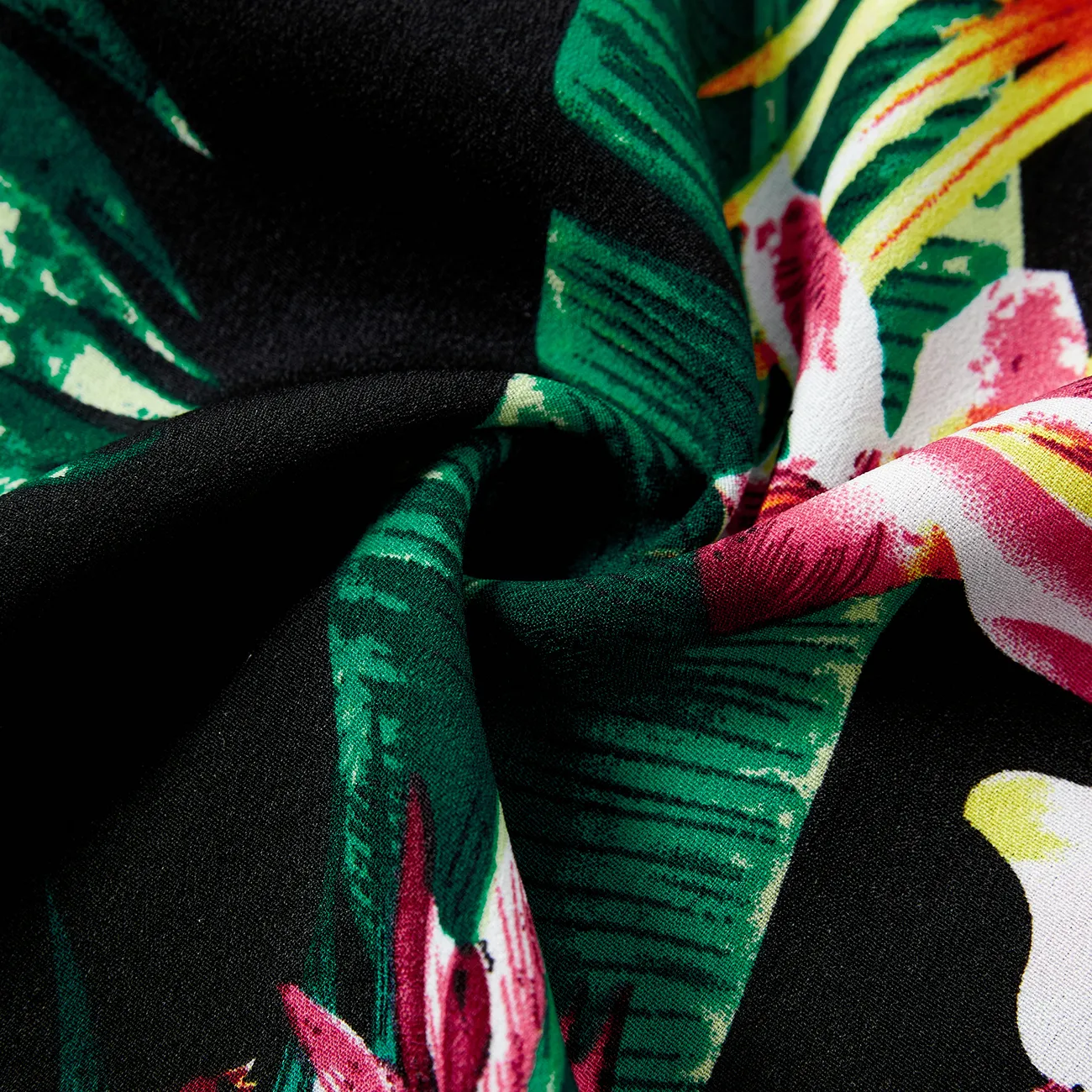 Family Matching Co-ord Sets Tropical Plant Floral Shirt and Drawstring Shorts with Pockets  Black big image 1